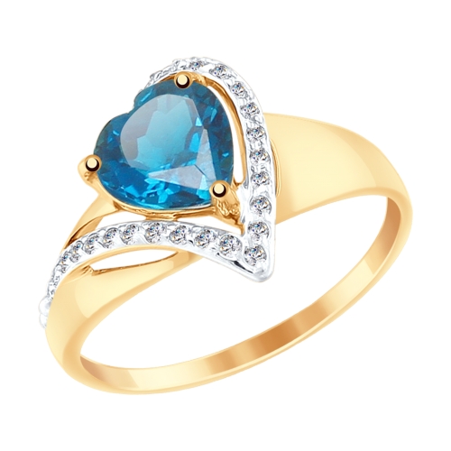 Кольцо из золота с синим топазом и фианитами